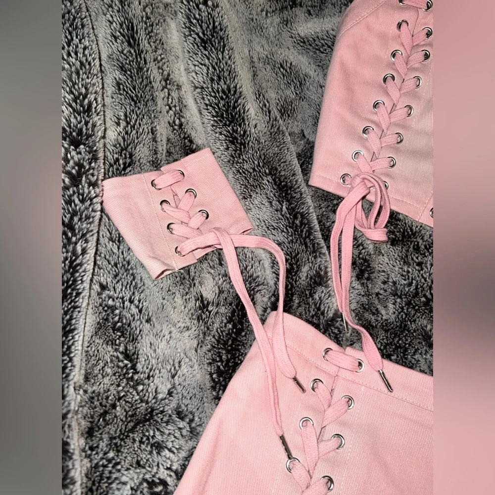 Dolls Kill Club Exx Levels Unlocked Twill Lace Up Crop Top and Skirt Set - Picture 7 of 7